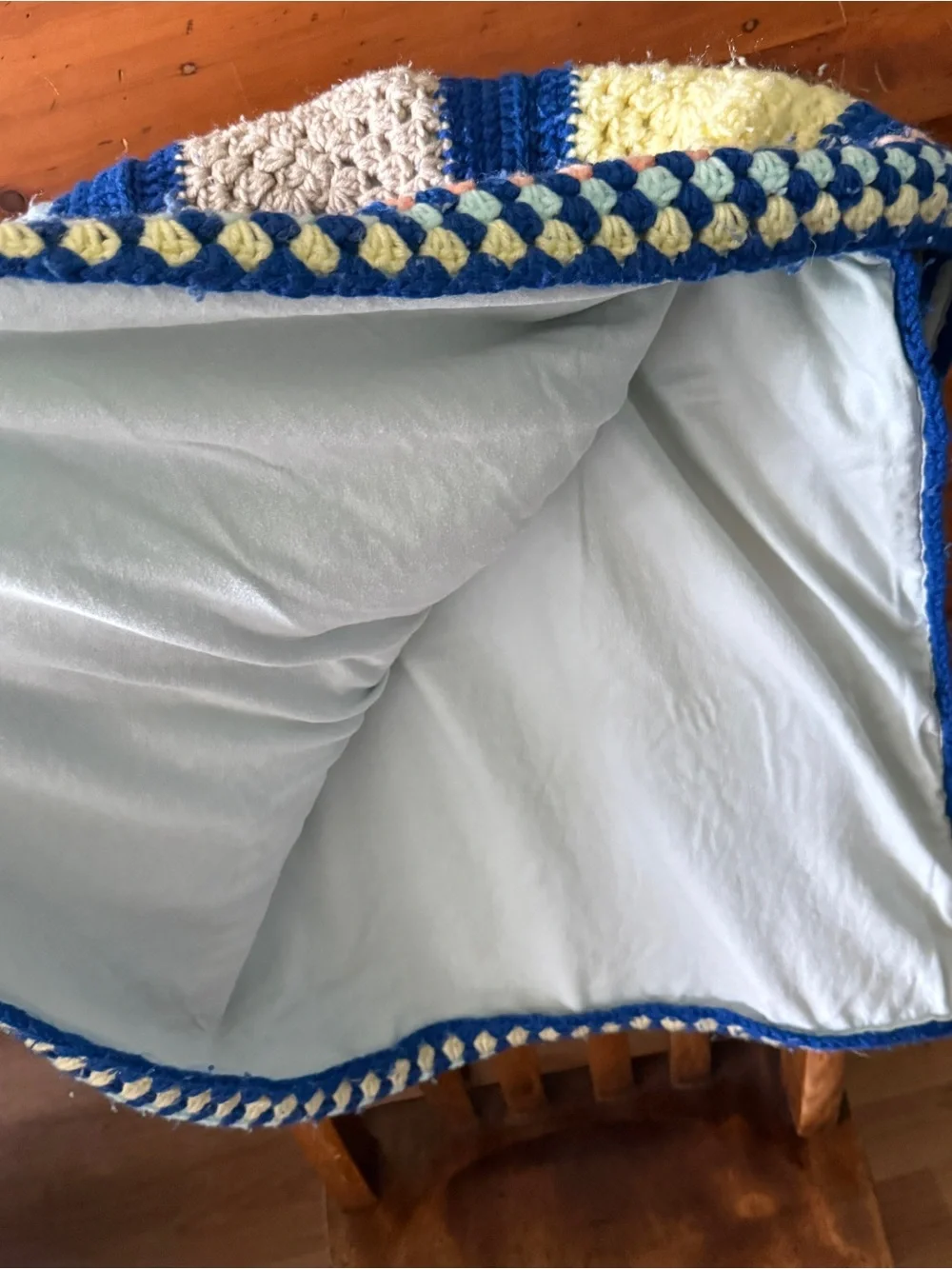 Vintage Fabric Lined Royal Blue Crochet Blanket Accent